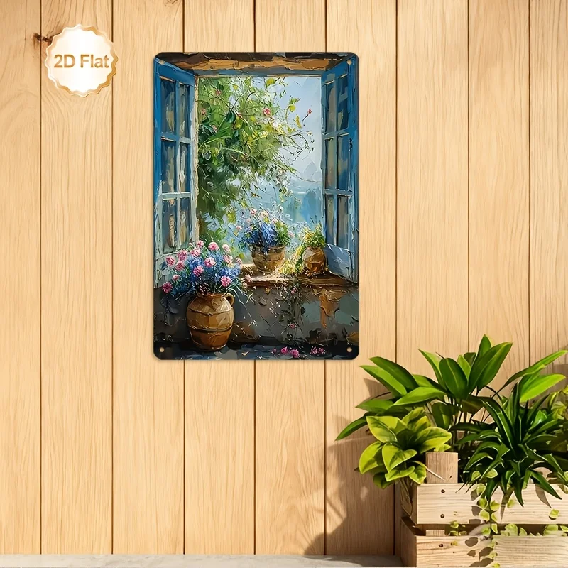 2D Flat - 1pc Two-Dimensional Flat Wall Art Decoration Featuring a Window Garden with Flowers And Landscape. This Metal Sign