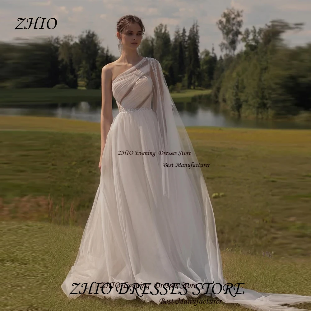 ZHIO One-Shoulder-Kleid aus glänzendem Tüll, modernes formelles Kleid für Hochzeiten, offizielles Eventkleid, individuelle Illusion, Pailletten, Sweep-Zug