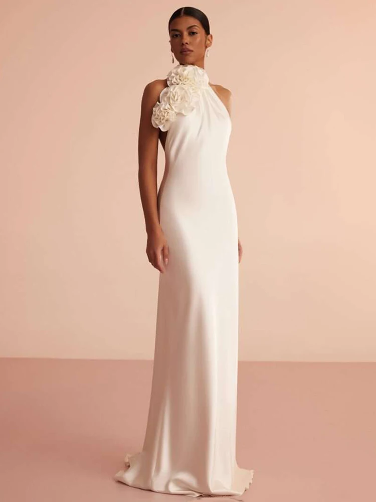 VC White Satin Halter Backless Long Dress For Women Sleeveless Flowers Embellished Slim Prom Elegant Evening Party Gowns