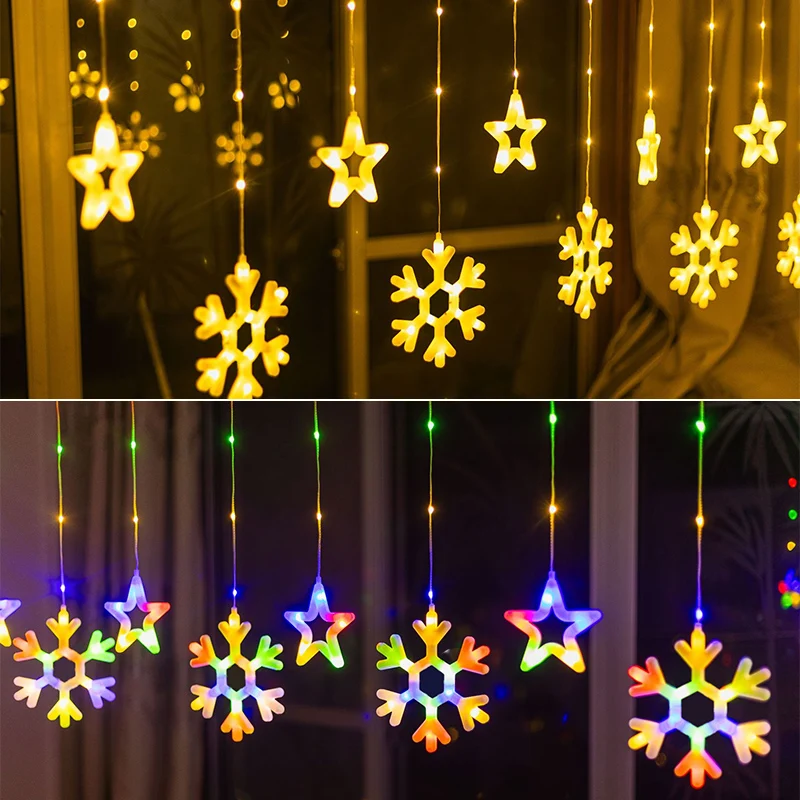 Snowflake light string, 10 Star Multicolor Christmas Lights with Remote, Battery Operated Curtain String Lights for Christmas,