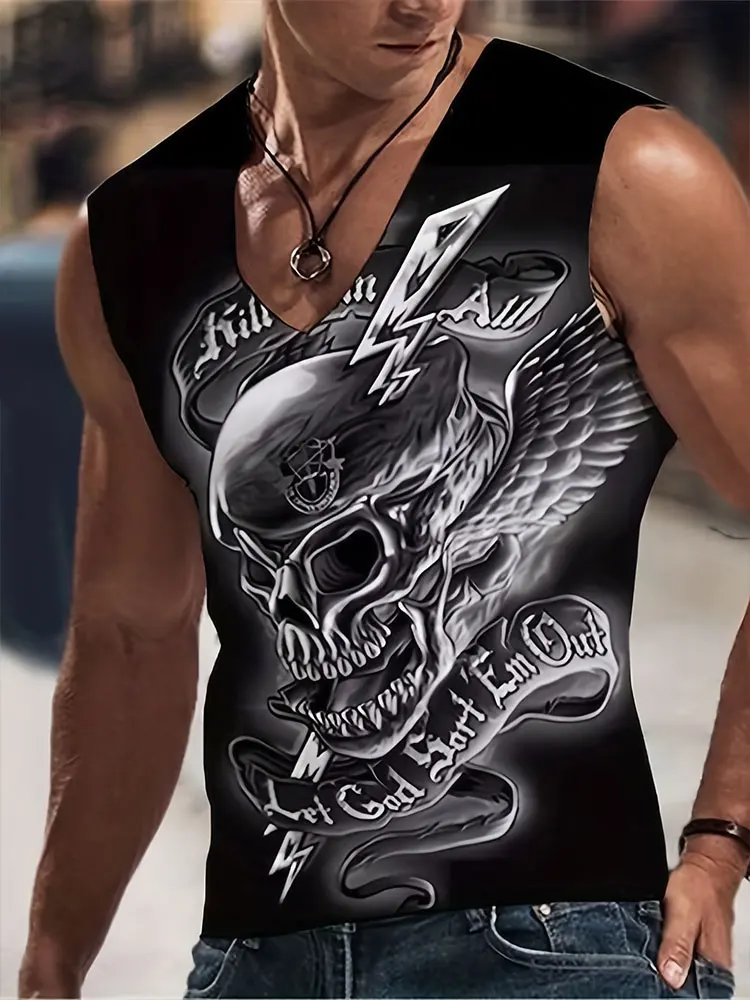 Summer Everyday Street Men's Fashion Tank Top Outdoor Casual Men's Sleeveless T-shirt 3D Skull Print Men's V-neck Tank Top