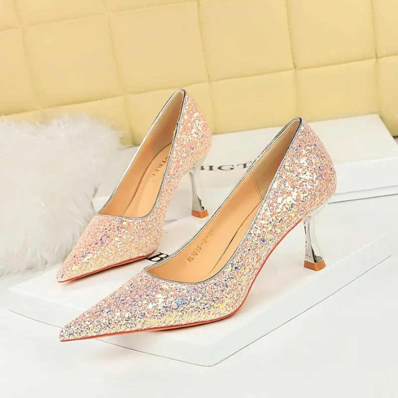 BIGTREE Shoes Women 7 Cm Heels Shiny Sequin Cloth Women Pumps Metal Heel Lady Heels Fashion Wedding Shoes Luxury Party Shoes