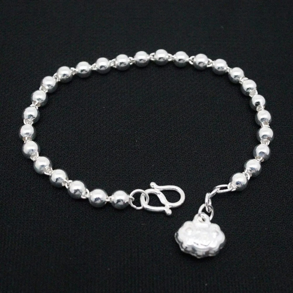 

Real Pure 999 Fine Silver Chain Women 5mm Glossy Beads Link Fu Lock Bracelet 6-7g/19cm