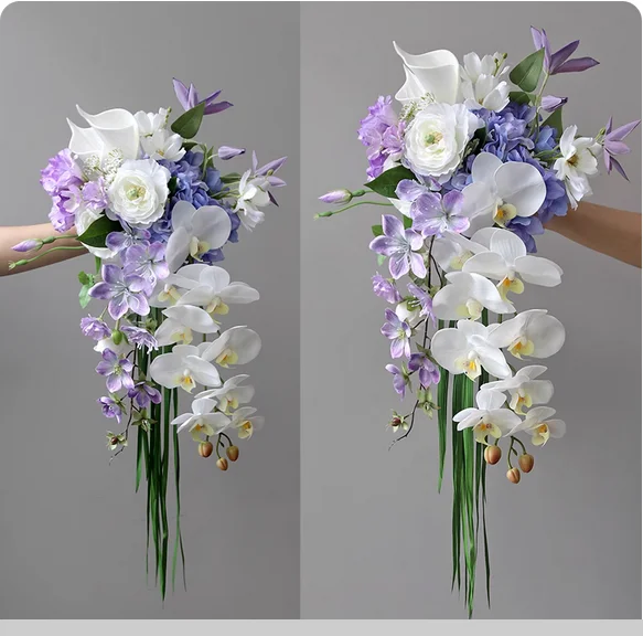 Natural holding simulation bouquet Phalaenopsis bride wedding photography silk flower home dining table decoration pink purple.