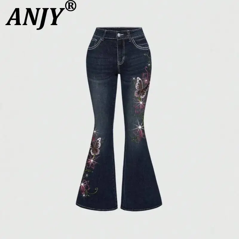 ANJY Spring Autumn New Women Fashion High Street Embroidered Butterfly Design Denim Flare Pants Trendy Washed Retro Jeans A25408