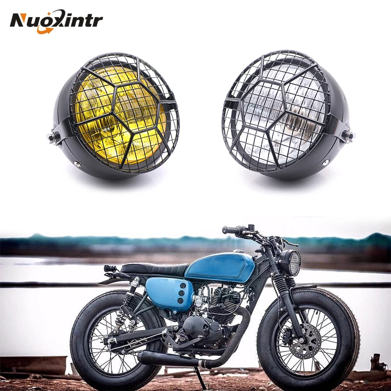 Retro 35W Motorcycle Front Headlight Black Metal Grid Lamp Classic Round HeadLamp for Honda CB100 CB125S GN125 CG125