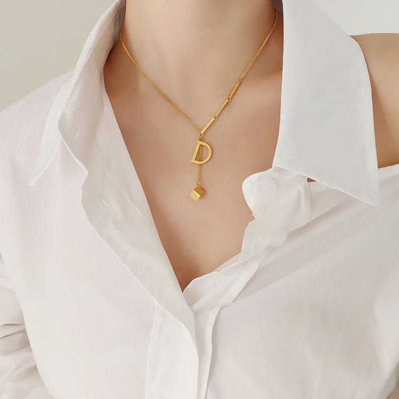 Stainless Steel Letter D Pendant Necklace for Women Long Tassel Cube Charm Y-Shape Clavicle Chain Elegant Party Jewelry 2026