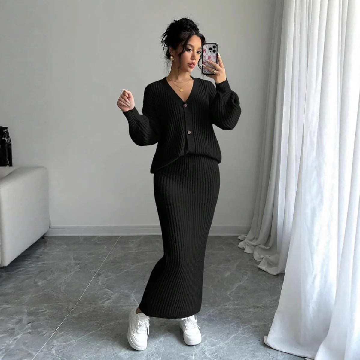 Nieuwe Mode Slanke Knop Shirt + Hip-bedekkende Rok Sets Vrouwen Herfst Sexy En Elegante Vest Rok Tweedelige set Voor Vrouwen