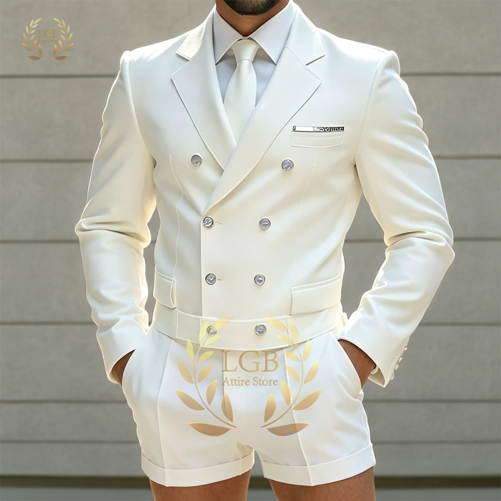 

Men's Custom 2-Piece Suit, Silver Button Cropped Blazer & Slim Fit Cuffed Shorts for Black Tie Events, Galas & Evening Parties