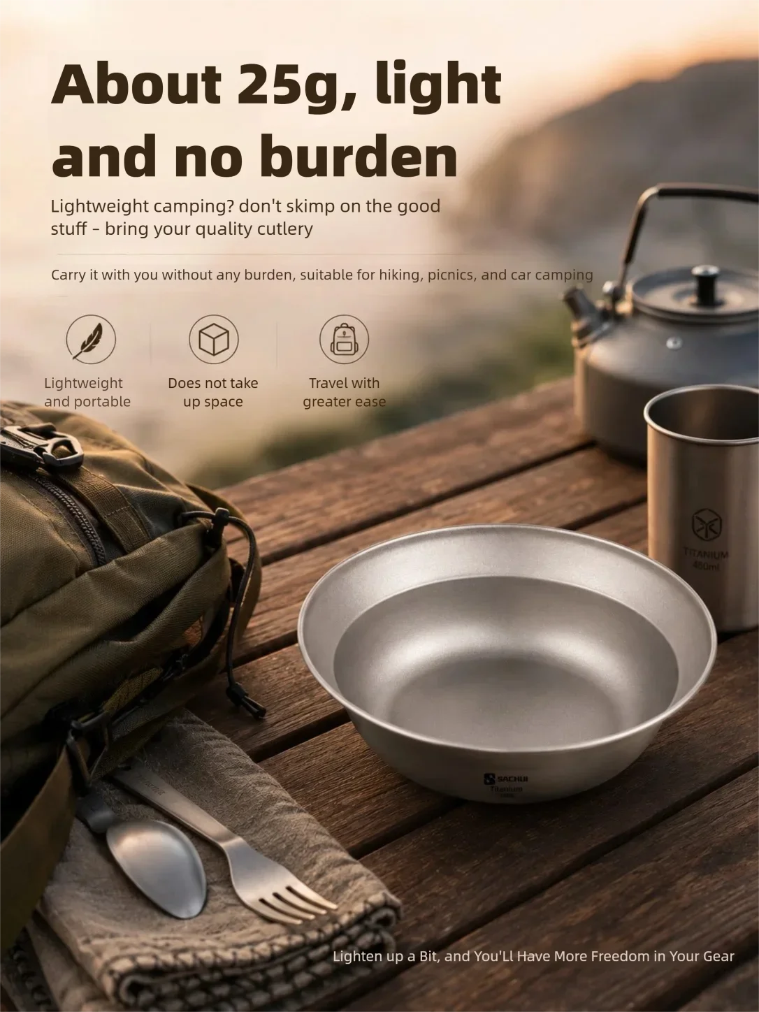 Reines Titan Camping-Geschirr: Große Schüssel, Teller, Besteck für Outdoor, Wandern, Reisen – Ultraleichte, tragbare Salatschalen und Lamian-Tischware – Detail 8