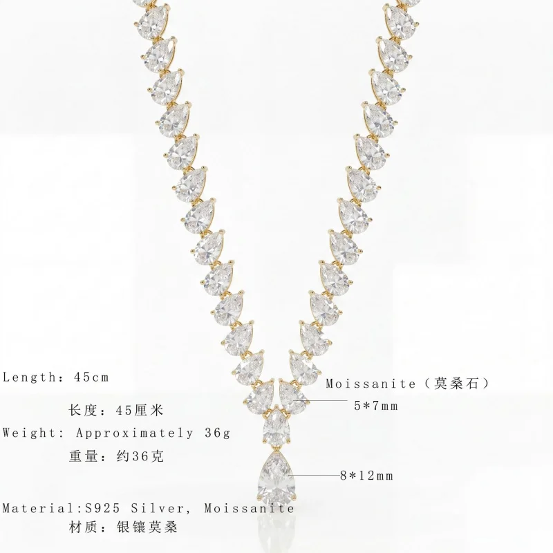 S925 Sterling Silver 18K Gold-Plated Lab-Grown Gemstone Moissanite Teardrop Full Pavé Necklace — Premium Jewelry, Customizable
