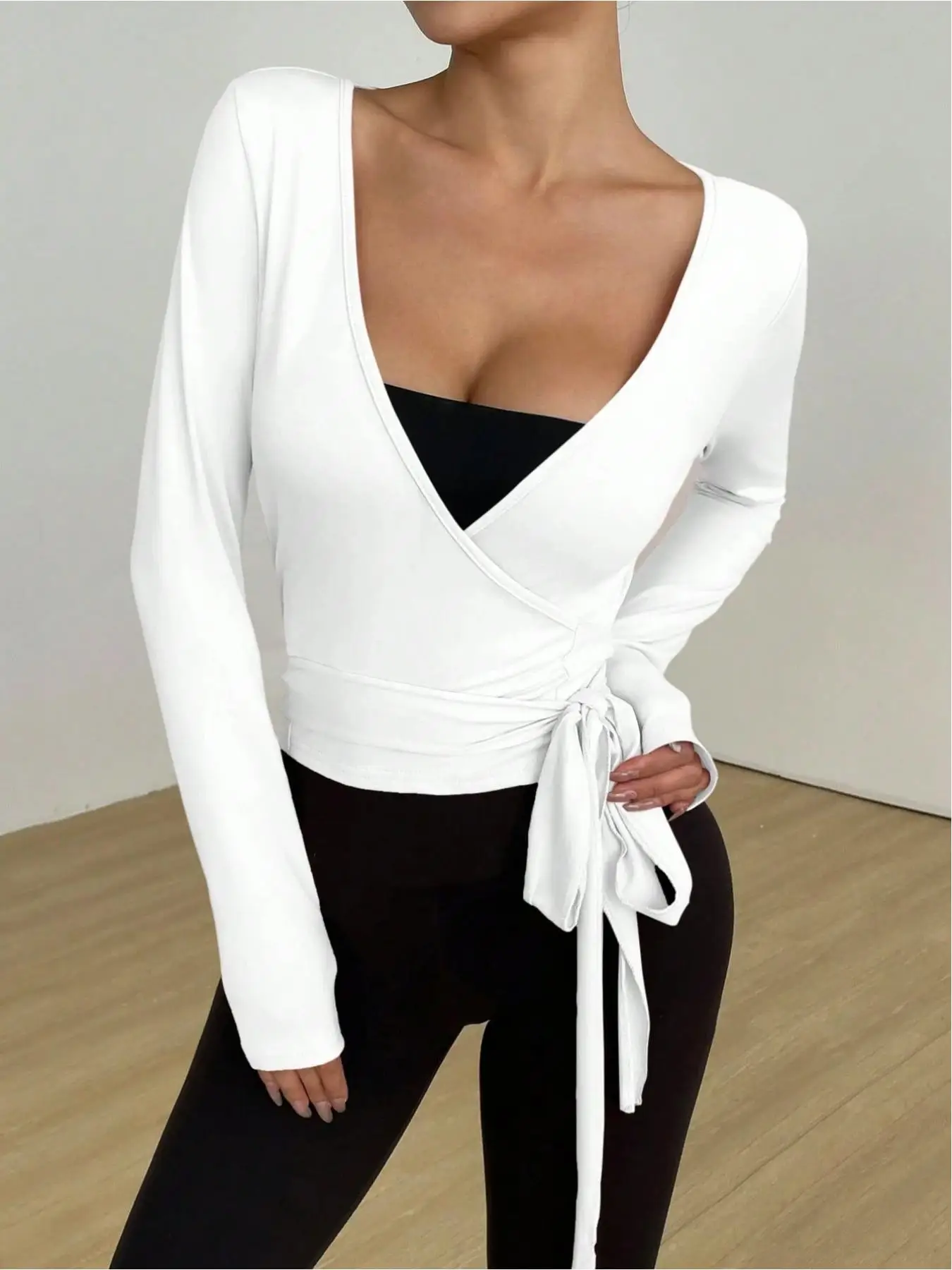 Women Deep V Wrap Front Self Tie Waist Long Sleeve Slim Fit T-Shirt 2026 Summer Solid White Elegant Casual Sleevelessless Basic