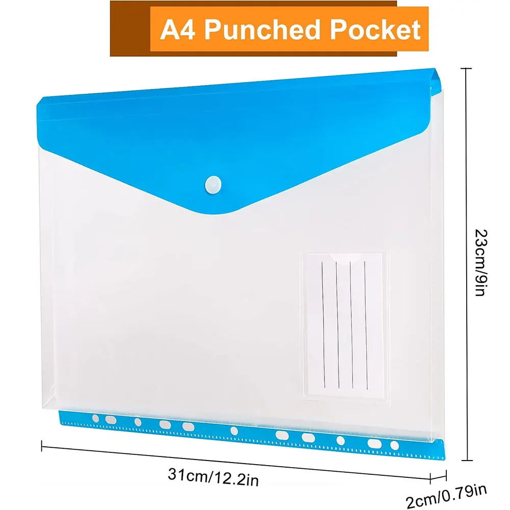 12pcs A4 Plastic File Pockets, 6-Color Clear Expandable 11-Hole Binder Bags for 2/3/4-Ring Binders, Snap Closure & Label Slot