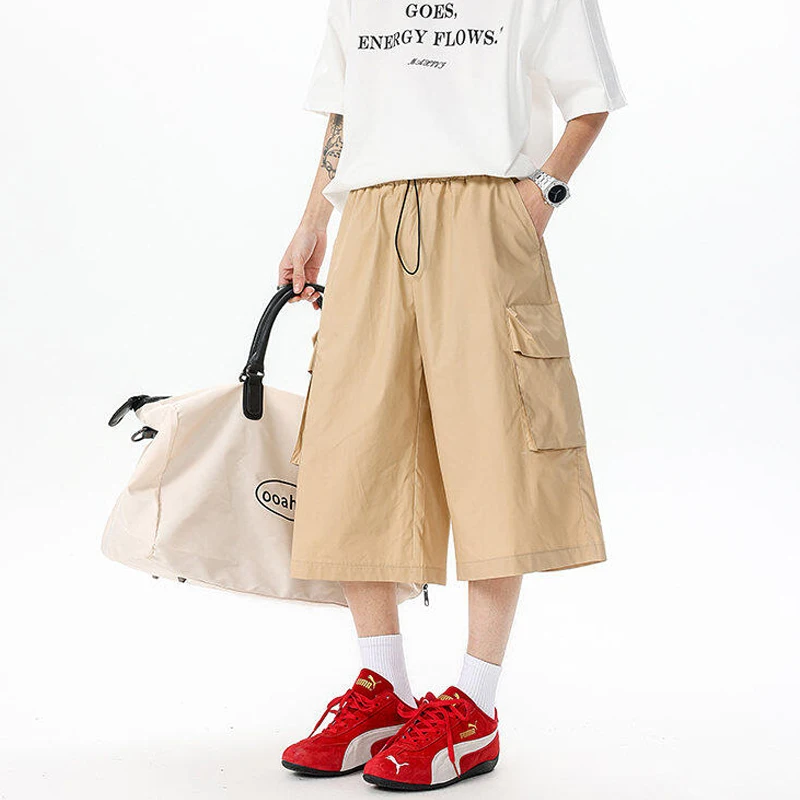 

Мужские летние брюки-карго цвета хаки из ледяного шелка, широкие, свободного кроя, больших размеров, повседневные, модные, молодежные