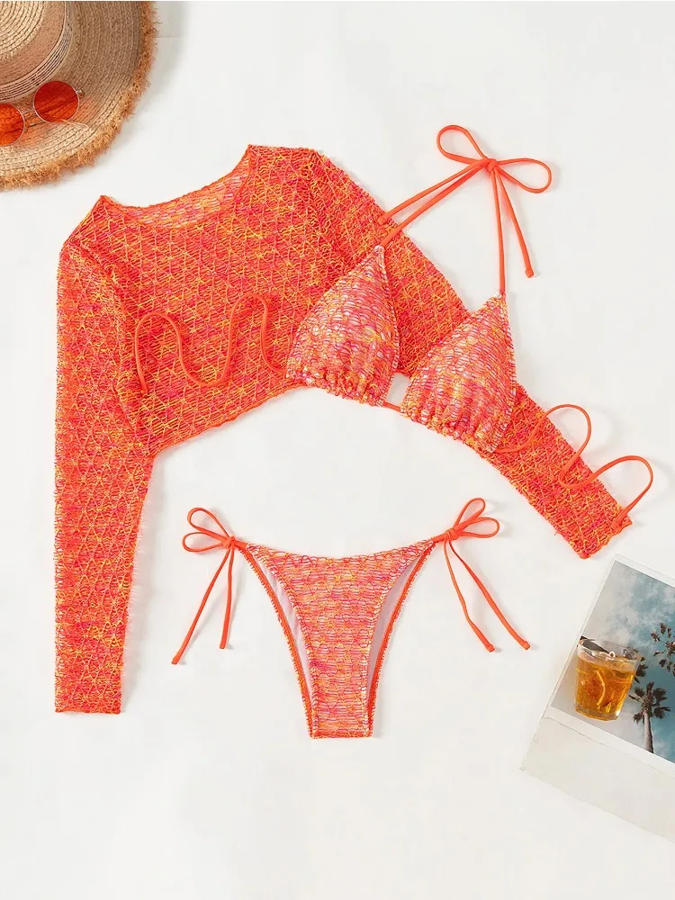 夏の女性用セクシーオレンジタイダイ3ピースビキニセット、長袖カバーアップ、タイサイドTバックビーチ水着、2025ホリデー、2025新作