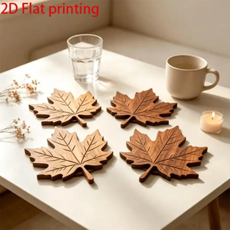 【CC】4Pcs 2D Flat Palm Leaf Wooden Coasters, Luxurious Desktop Protection Coaster Set For Coffee And Tea Cups Decoration