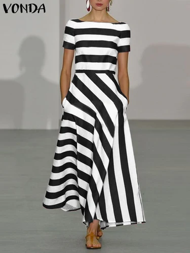 VONDA-Vestido largo a rayas para mujer, con hombros descubiertos traje Sexy, estampado, elegante, informal, holgado, de manga corta, bohemio, 2024