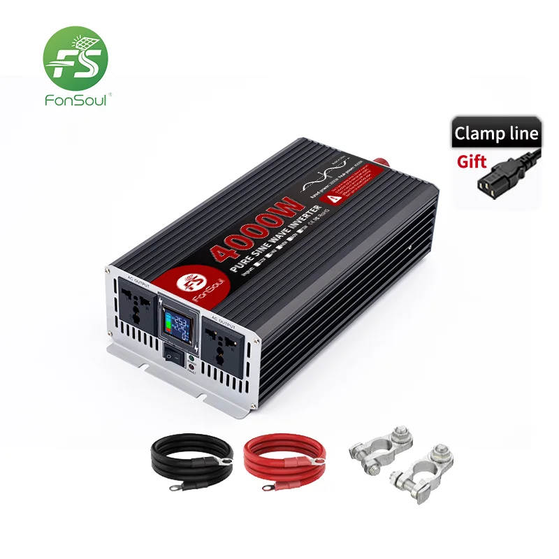 Fonsoul 4000W 12V 24V Pure Sine Wave Solar Inverter 110V 220V 2 Universal or Europe Outlet for Solar Automobile Home Appliance