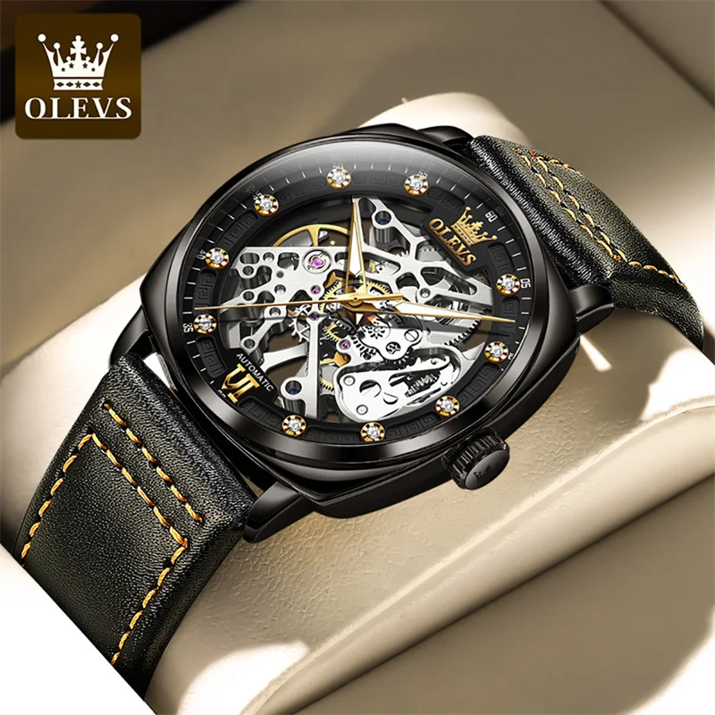 OLEVS Luxury Men Watches Automatic Mechanical Wristwatch Skeleton Design Waterproof Leather Strap Male Watch Reloj Hombre