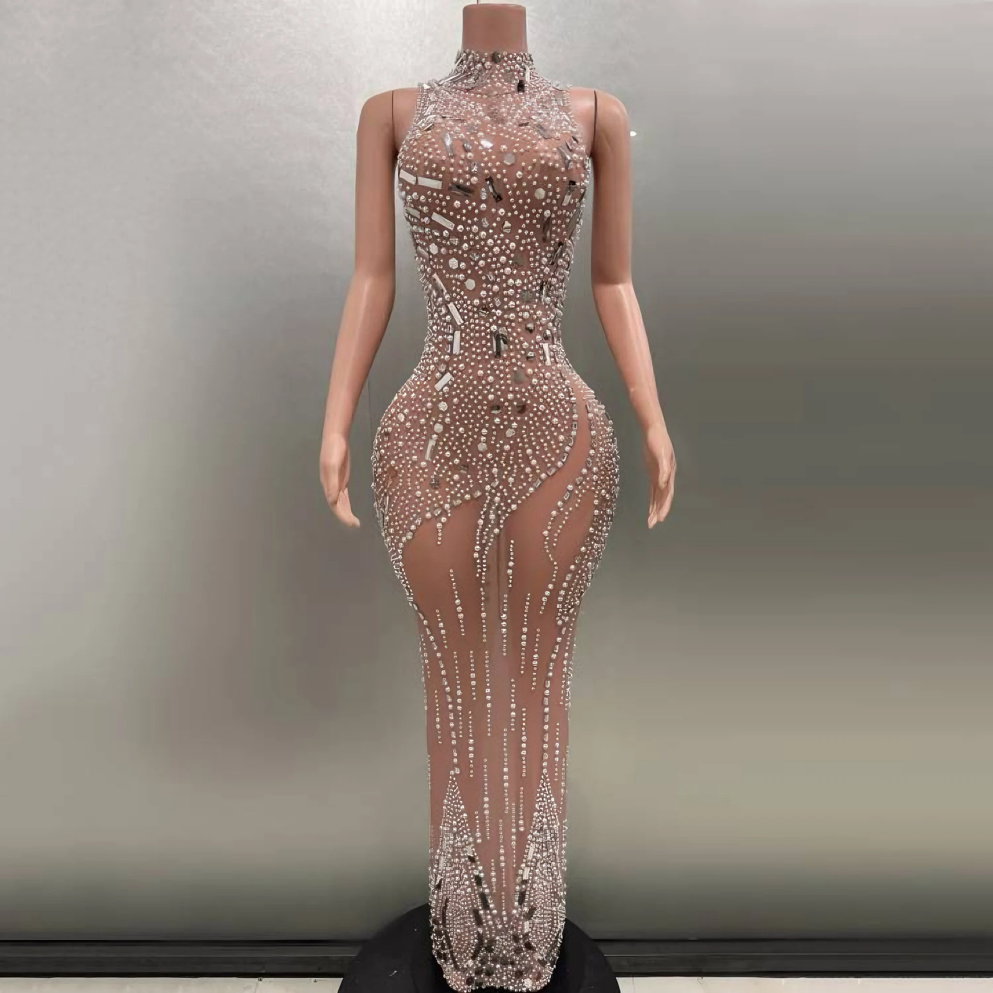 Luxury Pearls Diamonds Sequined Sexy See-Through Back Slit Sheath Dress Evening Party Performance Costume Singer Stage Wear