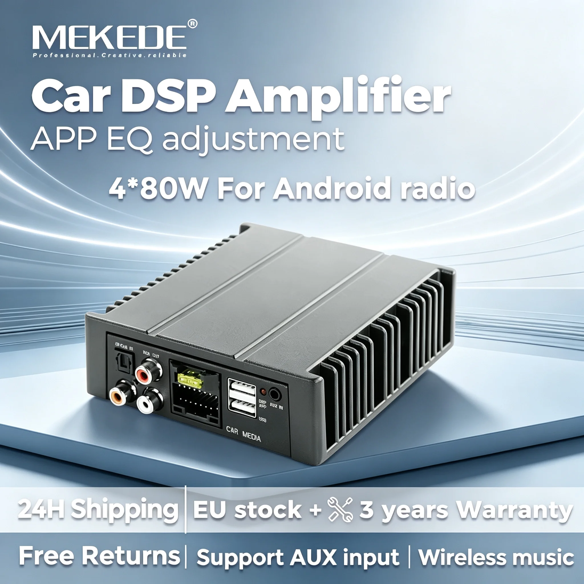 Amplificatore di potenza MEKEDE 4*80W con regolazione DSP, installazione senza perdite per autoradio, lettore multimediale video, supporto fibra ottica/coassiale/AUX/RCA/USB/BT/controllo tramite app,