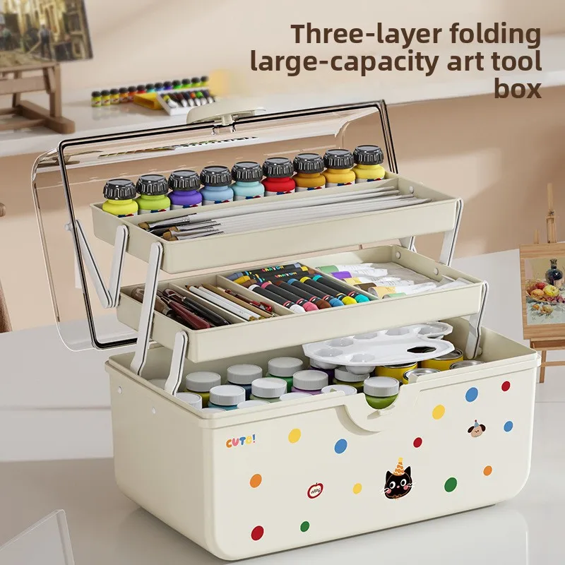 

Painting Toolbox Art Portable Paint Brush Storage Box Large Capacity with Separation Three-layer Stationery Storage Box