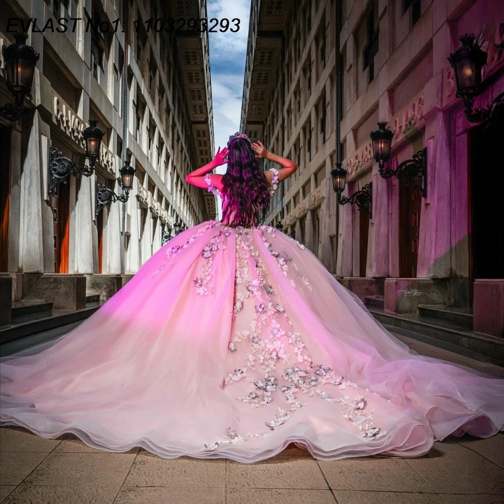 EVLAST personalizado vestido De quinceañera rosa mexicano vestido De baile 3D apliques florales rebordear dulce 16 Vestidos De 15 Anos E1QN551