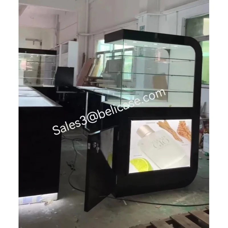 Customized.10 * 12ft Modern Perfume Kiosk Jewelry Display Kiosk Glass Display Showcase LED Light Mall Kiosk Design Idea