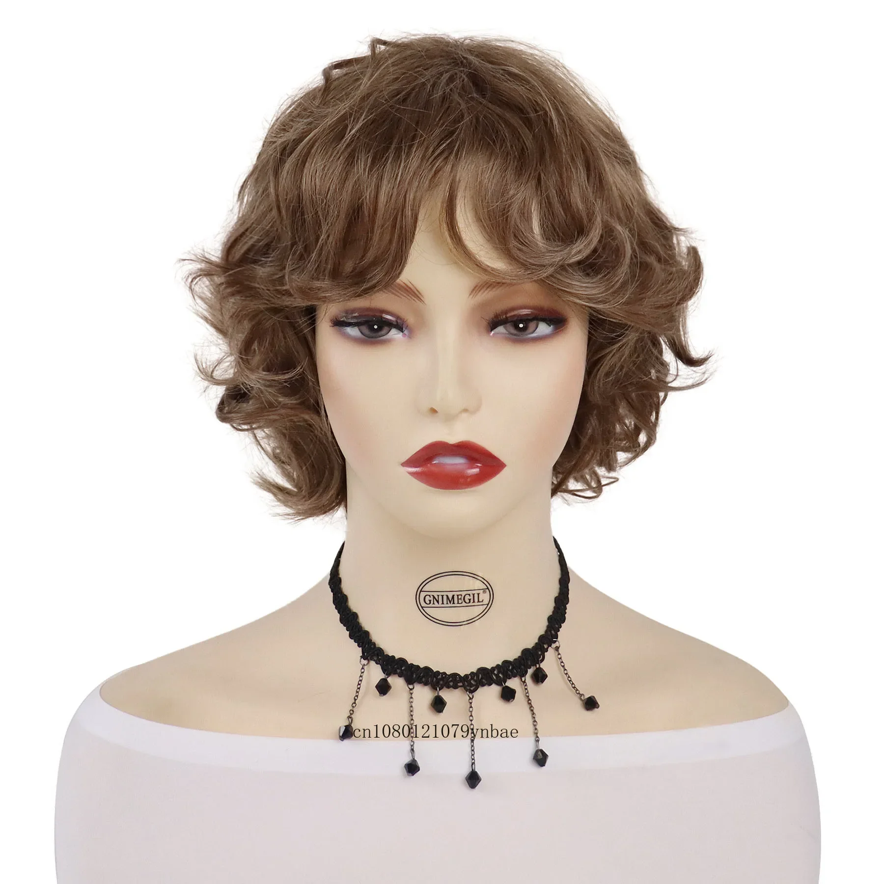 Synthetic Brown Wigs with Bangs Natural Short Curly Hair Wig for Women Lady Heat Resistant Daily Costume Party Casual Mommy Wig