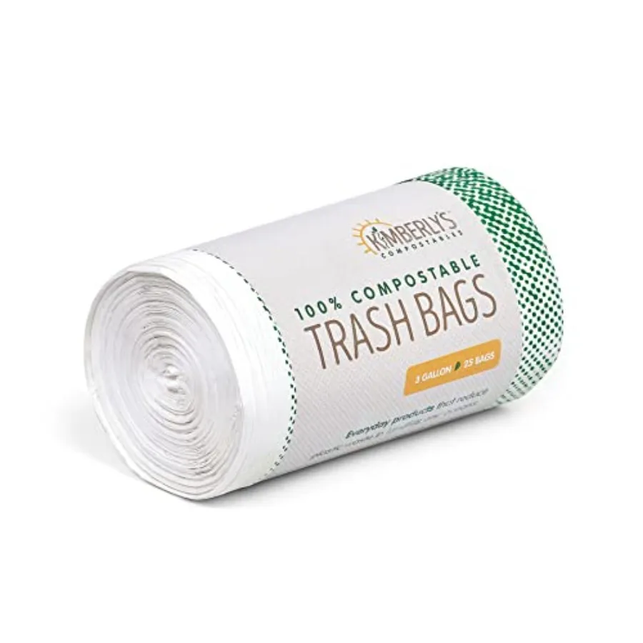 

KC's 3-Gallon Compostable Trash Bags with Drawstring 100 Count Roll, Small Biodegradable Bags for Bathroom, Bedroom, Office and