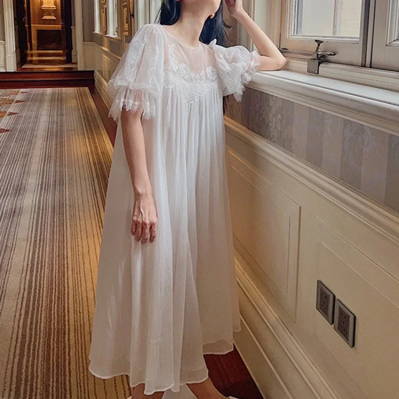 robe-de-nuit-en-pur-coton-pour-femmes-vetements-de-nuit-princesse-dentelle-douce-manches-courtes-peignoir-long-vintage-chemise-de-nuit