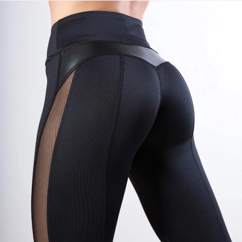 

Women Skinny Leggings Black Yoga Sport Pants Pu Leather Patchwork Lady Jogging Pants Push Up Workout Sport Yoga Leggings Female