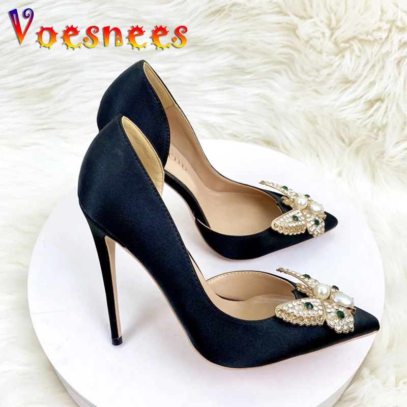 Shiny Rhinestone Butterfly Party High Heels New Summer Pointy Toe Women Single Shoes 12CM High-quality Silk Wedding Bride Pumps