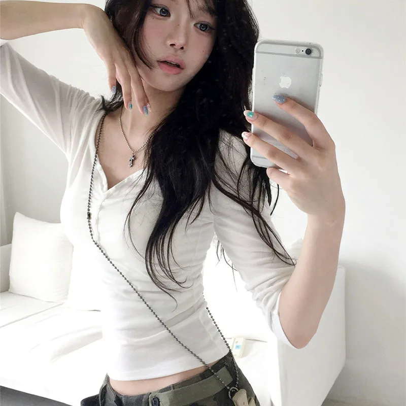 Casual Long Sleeve T-shirts for Women Spring Cotton Slim Tees Tops Female White Black T-shirt Y2k Tops Ladies Bottom Shirts New