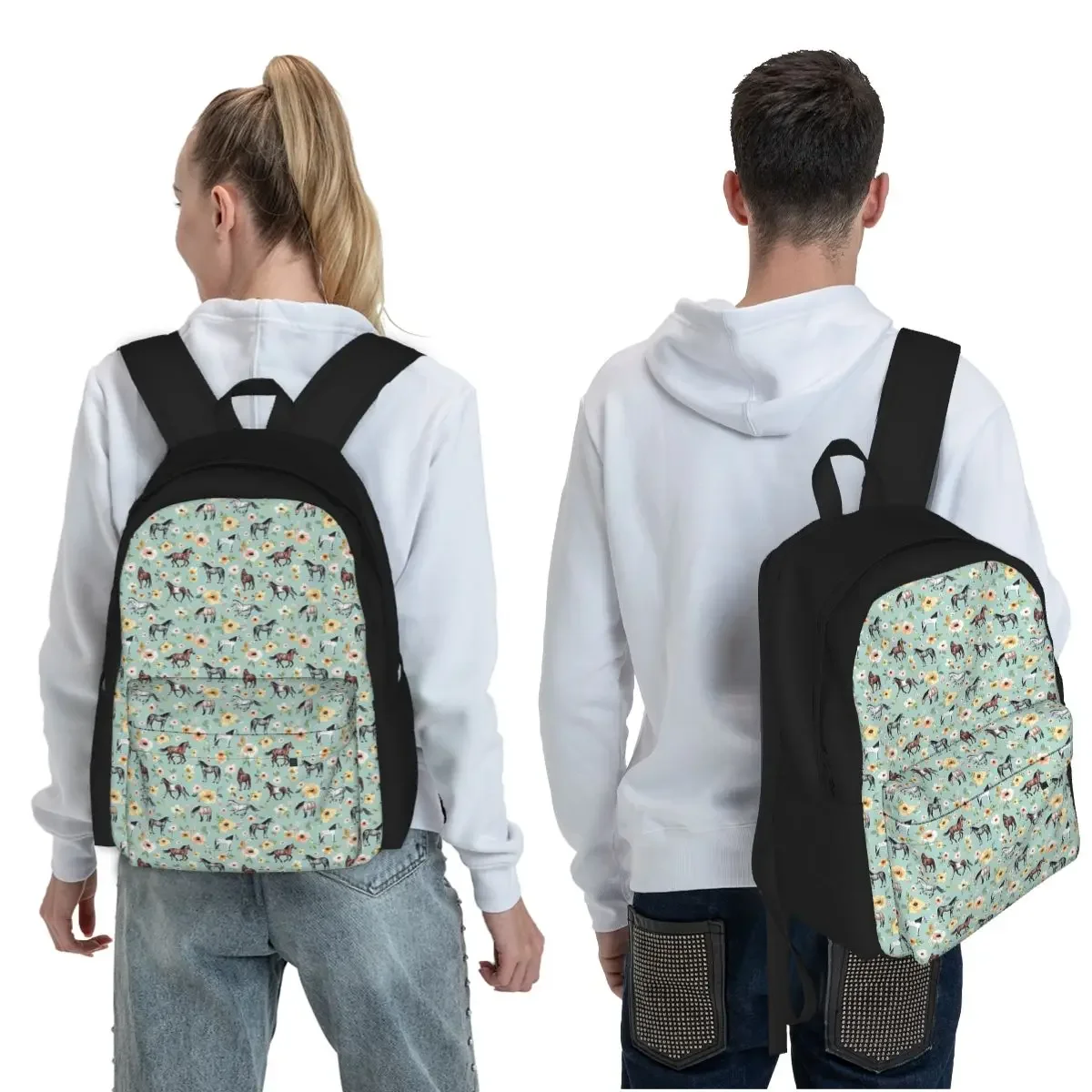 Floral, Blue, Horse Decor, Backpack Student Backpack School Bag Hiking Travel Daypack for Boys Girls Fashion Bookbag