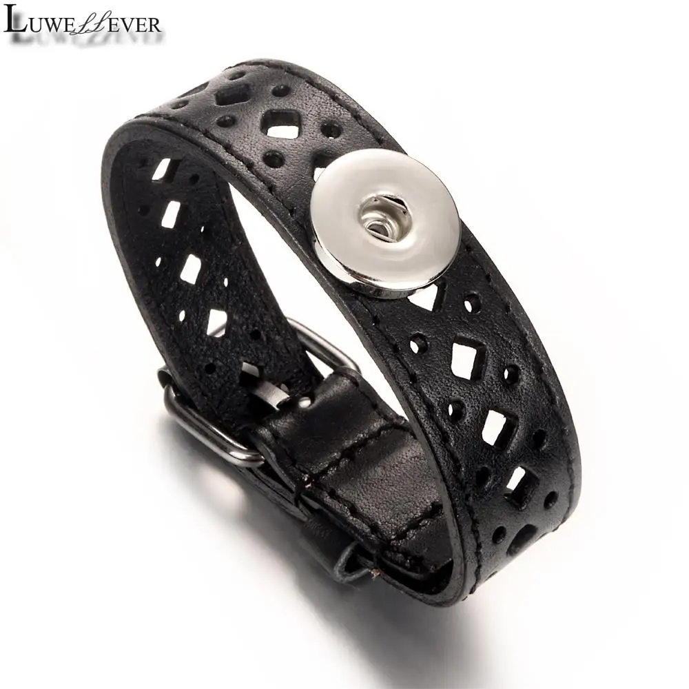 Punk Rock Hollow Out 008 Real Genuine Leather Fit 18mm Snap Button Bangle Bracelet Charm Jewelry For Women Men Gift 24cm