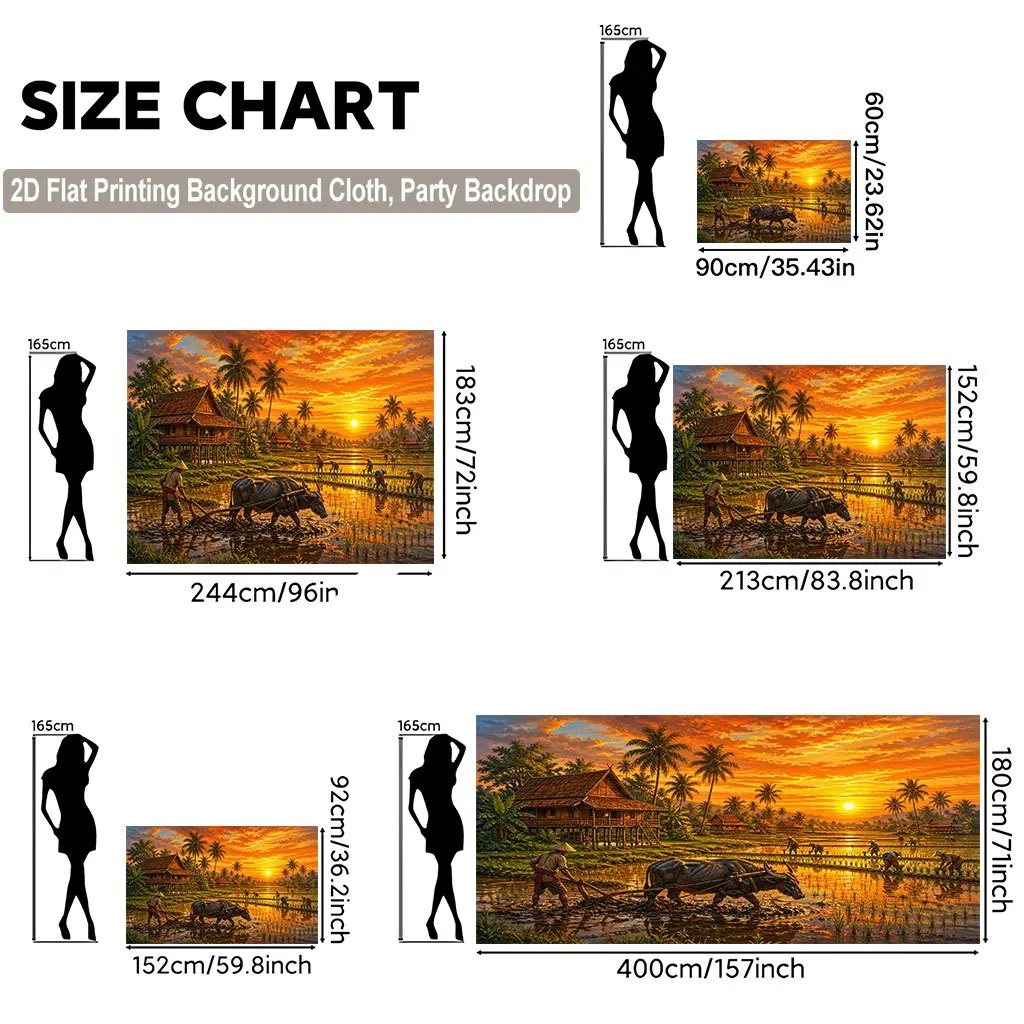 Vibrant Tropical Sunset Rice Field Village Farm Asia Asian Culture Life Tapestry Wall Decor Canvas Art Backdrop