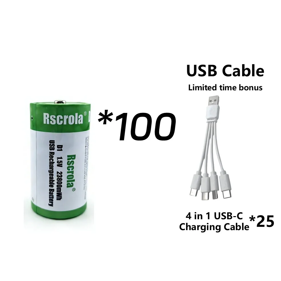 1.5V 23800mWh D-cel batterijen Oplaadbare D-batterijen met oplaadkabel voor gasfornuis, waterverwarmer, zaklamp, radio, gereedschap, speelgoed