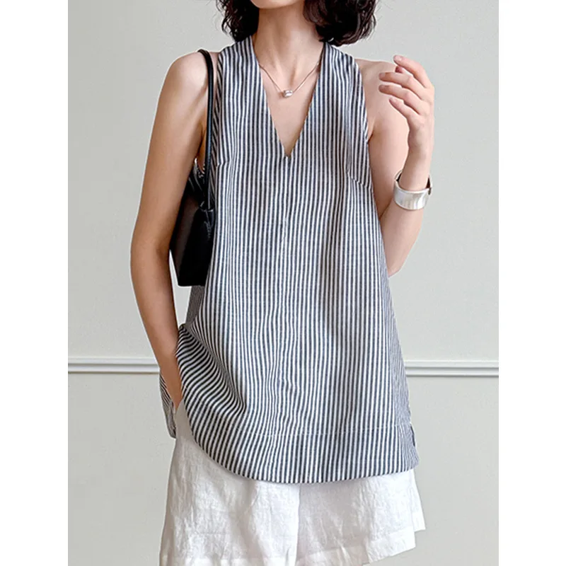 قميص بدون أكمام مخطط برقبة على شكل حرف V صيفي جديد