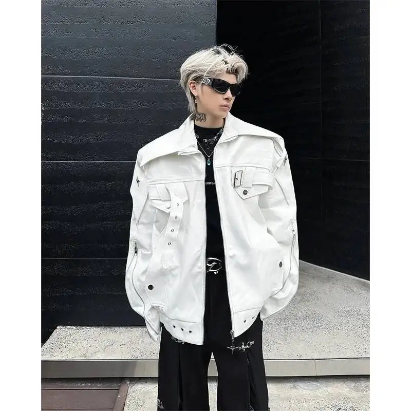 

White Deconstructive Motorcycle Leather Coat Men Spring Autumn Style American High Street Ruffian Handsome Heavy Industry Jacket