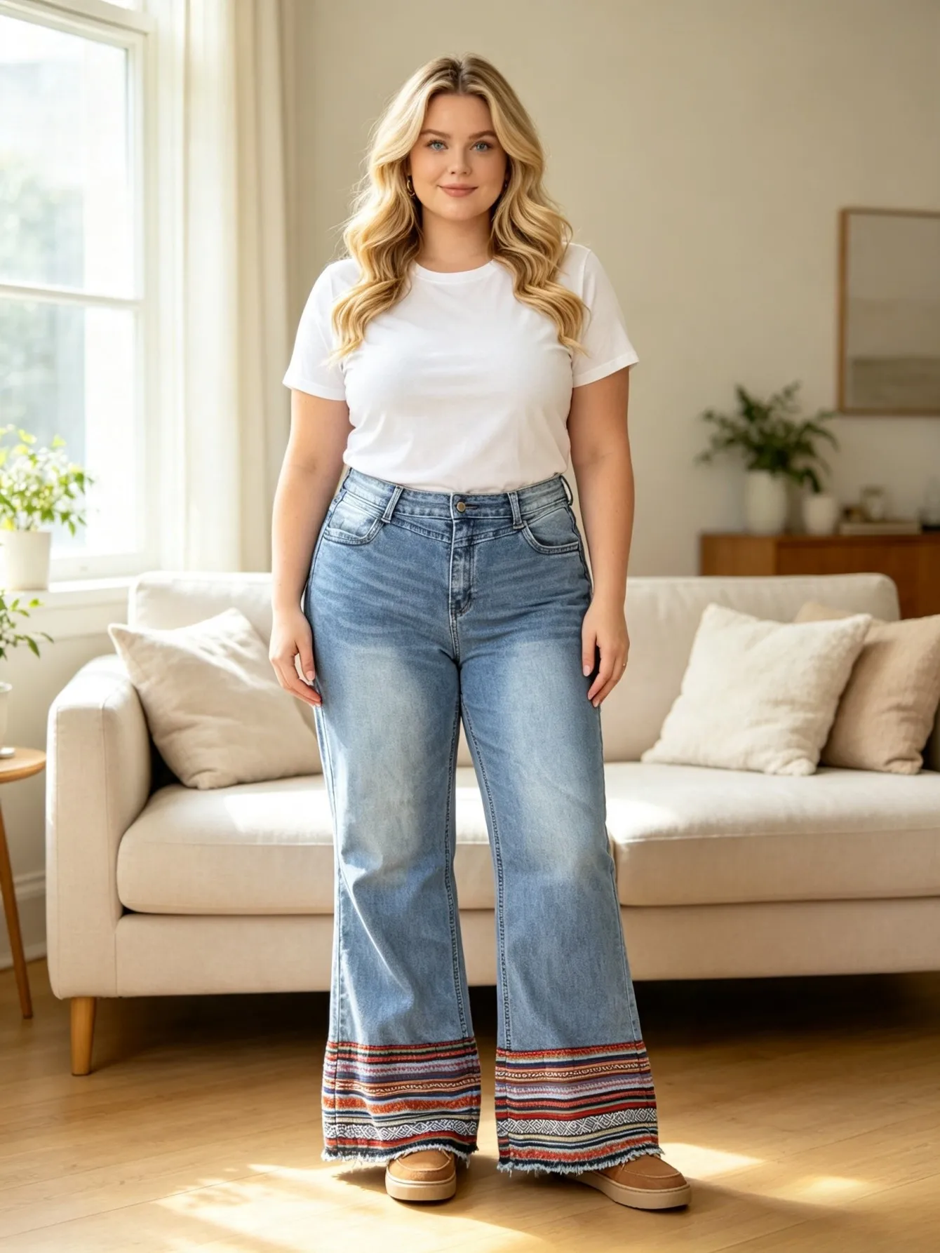 【HME】Jeans | Ladies Denim Pants Slim‑fit Flare Leg Design, Light Blue Distressed Washed Denim Jeans, Bohemian Ethnic Tape Fringe Hem, Stretchy Trousers To Modify Leg Shape For All Occasions