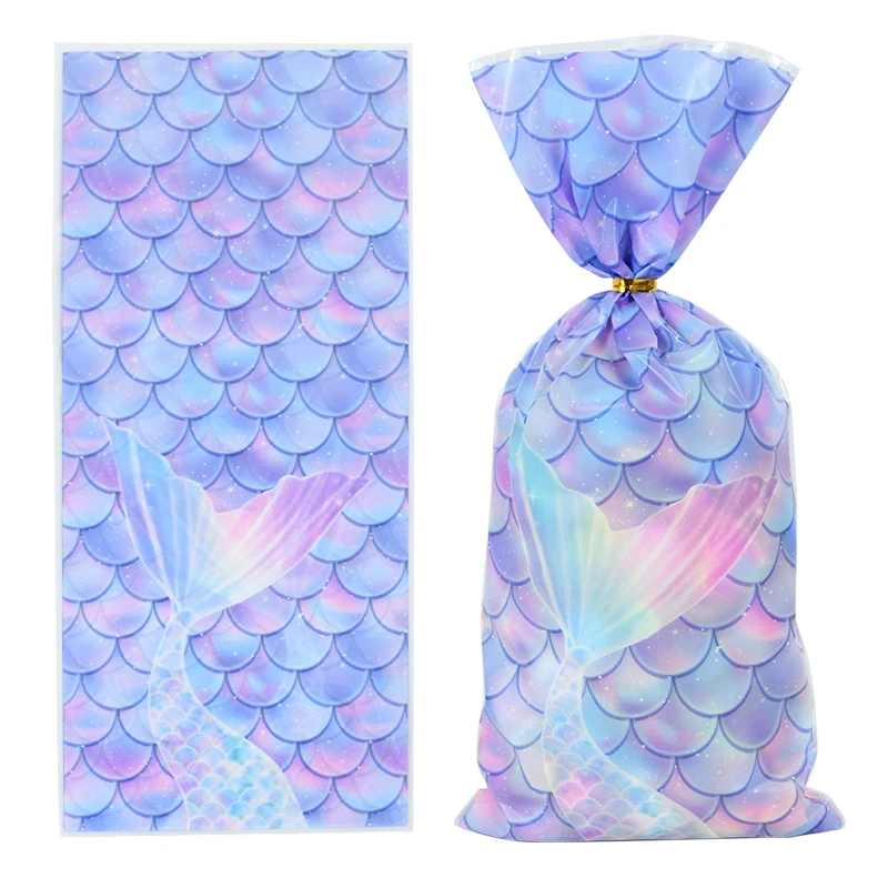 

25/50pcs Mermaid Party Gift Bags Plastic Candy Biscuit Packaging Bag with Twist Ties Mermaid Tail Treat Bag Girl Birthday Supply