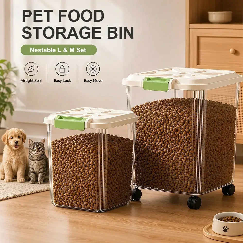 2PCS 2PCS Large & Medium Pet Food Storage Container Set, Large Capacity Airtight Dog Cat Food Bin With Rolling Wheels & Free Measuring Cup, Transparent Plastic, Moisture-Proof Insect-Proof, 15kg + 5kg Combo - Aliexpress Deal