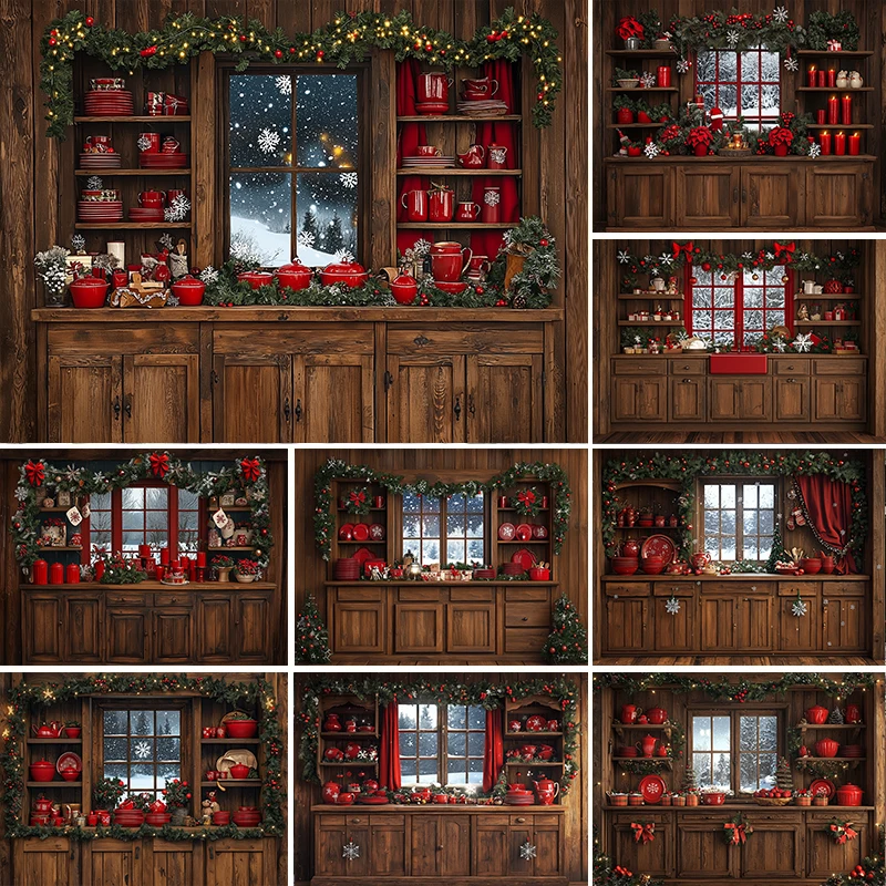 LS Christmas Kitchen Photography Background Indoor Cook Window Xmas Tree Decors Kids Family Portrait Photo Backdrop Studio