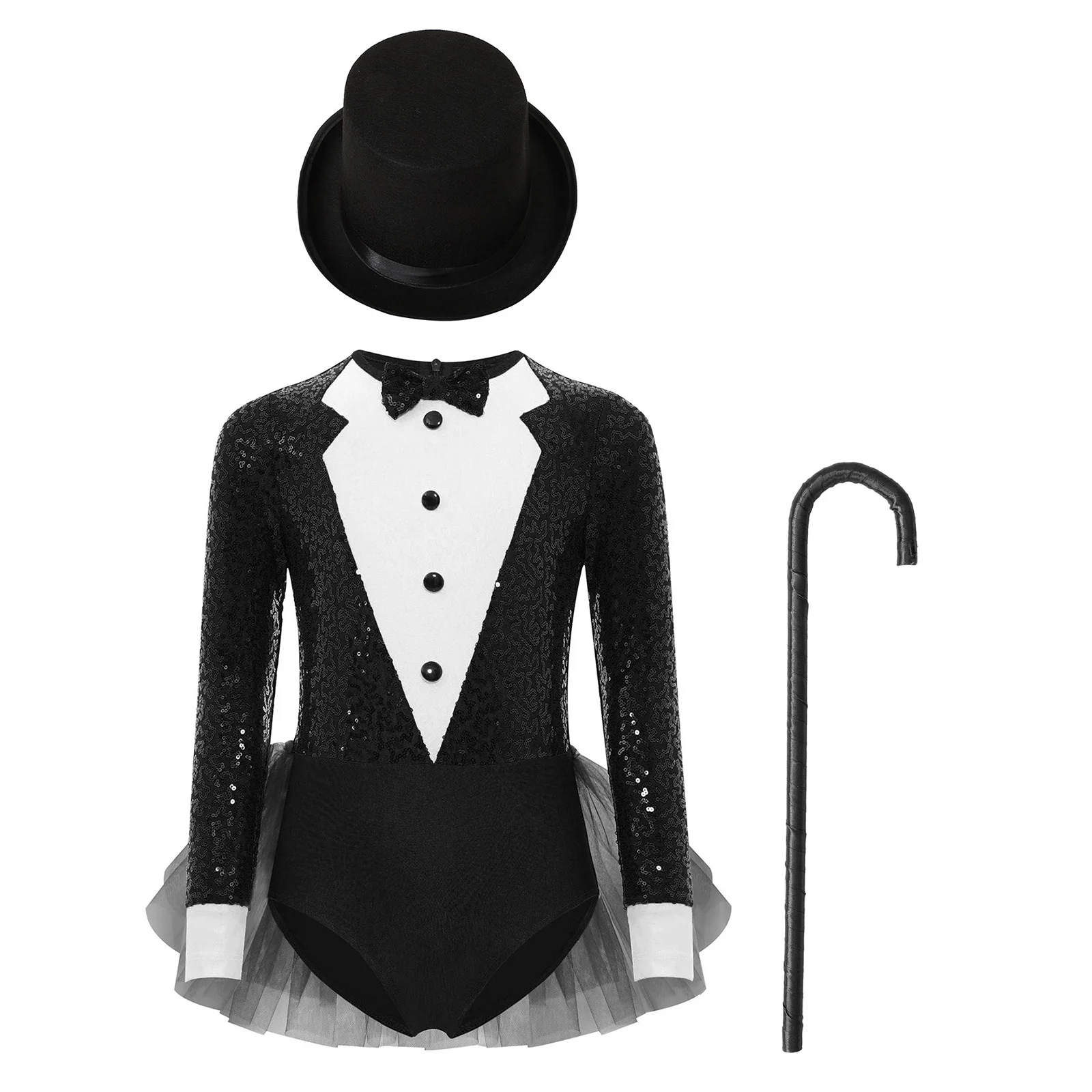 

3Pcs Kids Girls Jazz Dance Bodysuit Magician Costume Sparkly Sequins Color Block Bodice Tulle Skirted Leotard+Hat+Crutch Set