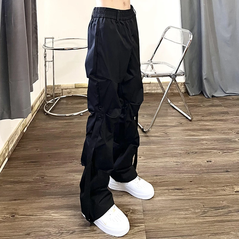 IEFB High Street Pleated Overalls Men\'s Pants Fashion Loose Straight Button Casual Male Trousers Solid Color Darkwear 9A6007