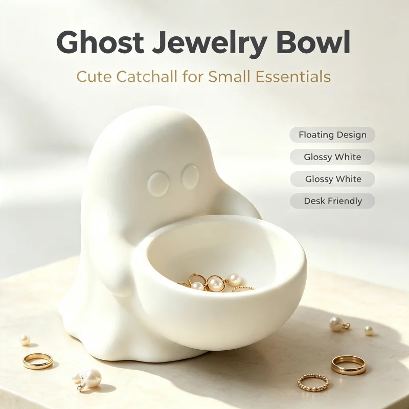 Cute Ghost Ring Storage Dish, White Decorative Jewelry Tray, Desktop Miscellaneous Storage Box, Can Hold Earrings/Bracelets/Keys, Aesthetic Dressing Table Decoration, Suitable for Bedroom/Office, Halloween Gift