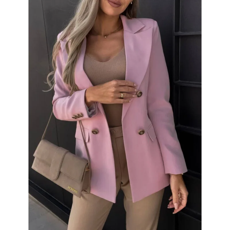 2023 New Autumn Fashion Solid Color Suit Collar Double Breasted Small Suit Temperament Commuter Women\'s Pocket Casual Coat