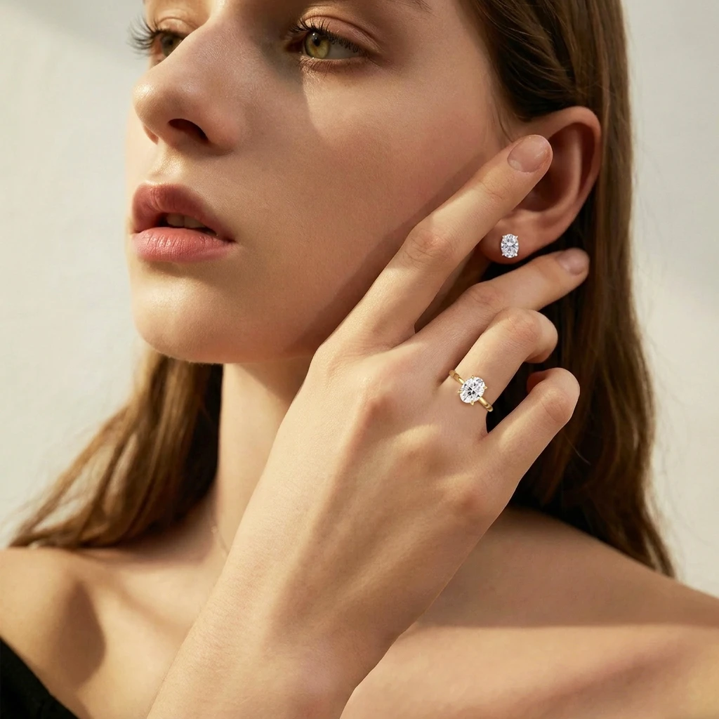 

ATTAGEMS Oval Moissanite Ring & Stud Earrings Set S925 Silver Solitaire Jewelry Set for Women Classic Elegant Wedding Party Gift