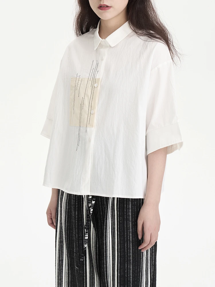 Summer New Loose Versatile Women's Shirt Black Splice Line Short Sleeve Top Breathable Cotton  Collar Button Detail